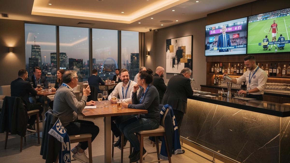 Hosted football matchday lounge with supporters gathering before kickoff