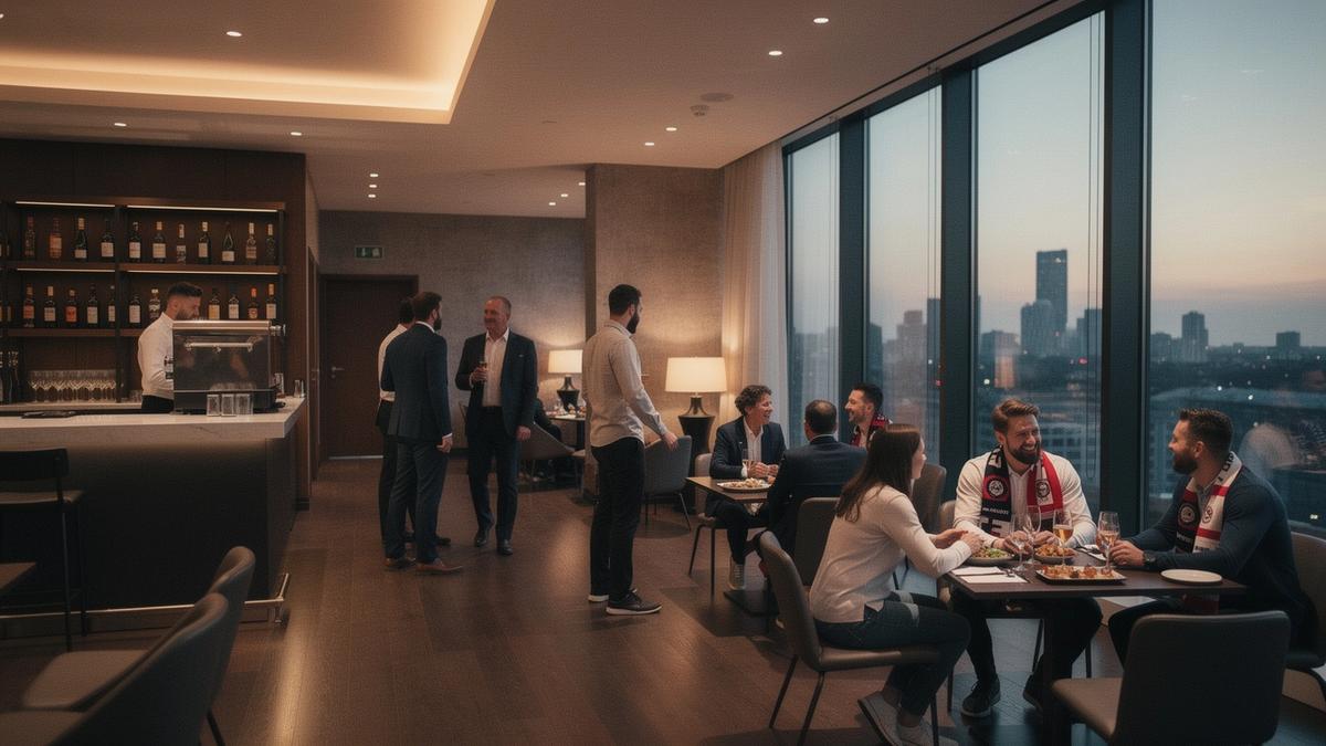 Guests gathering in a premium football viewing lounge with city lights beyond the windows
