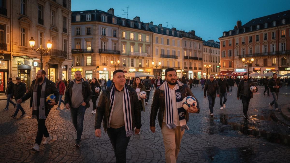 Supporters arriving in a lively European city square on matchday evening