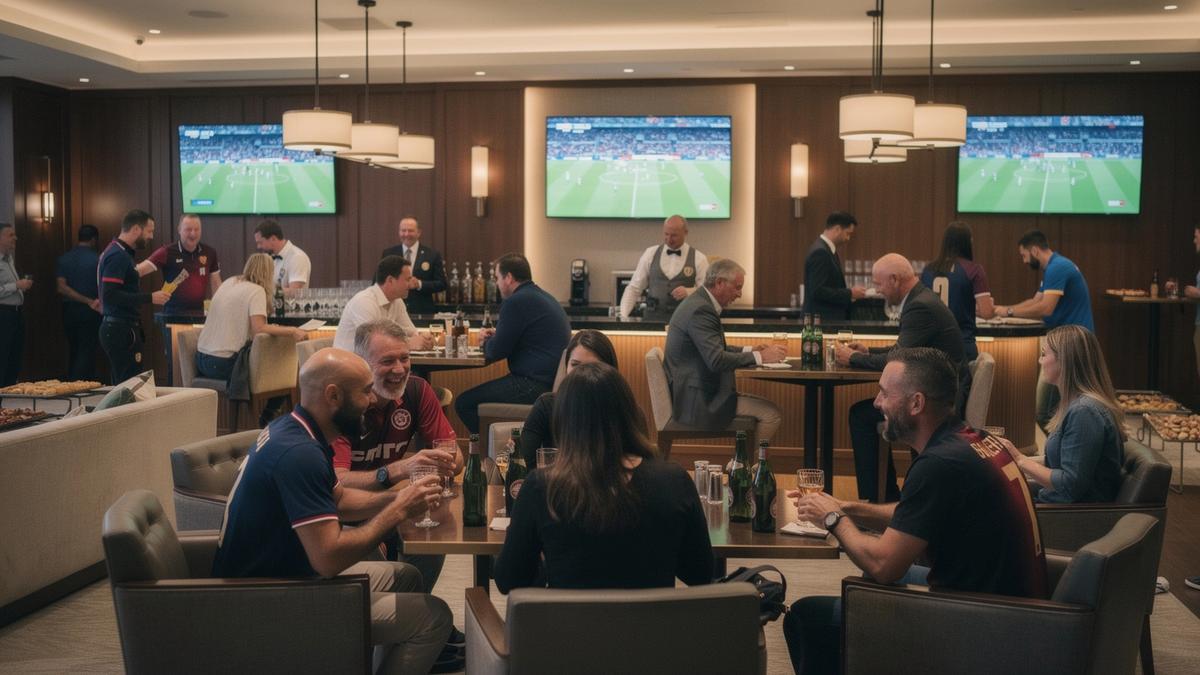 Fans enjoying a pre-match hospitality gathering with screens, drinks, and warm lighting