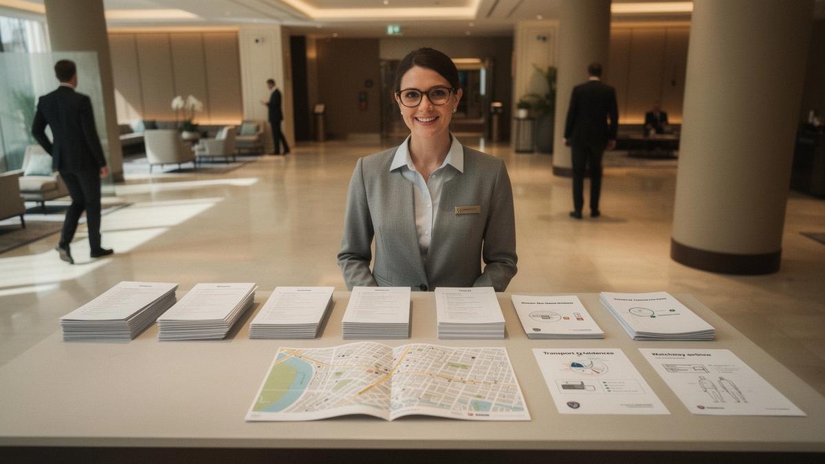 Concierge desk preparing transport and venue guidance materials for football guests