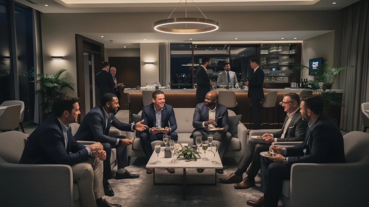 Post-match venue scene with guests sharing reactions in a stylish indoor setting