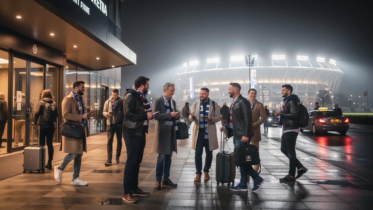 Fans arriving at a premium football matchday venue with stadium lights and concierge atmosphere