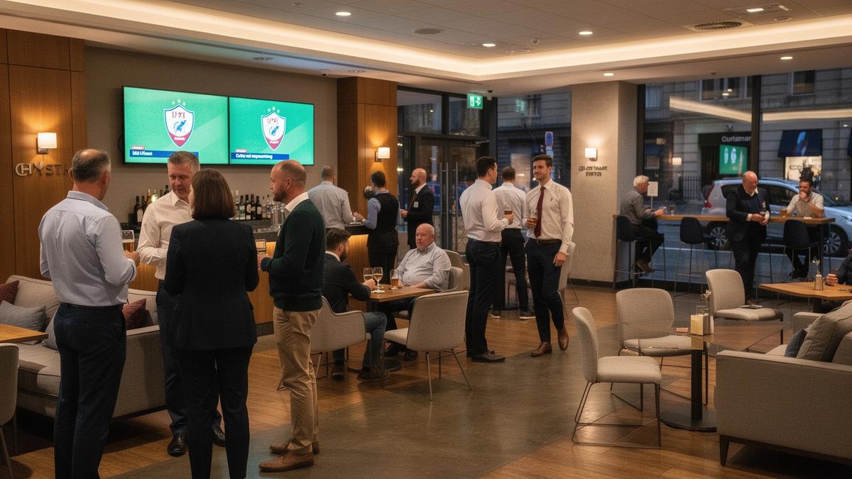 Group football hospitality guests in a premium lounge before a major match